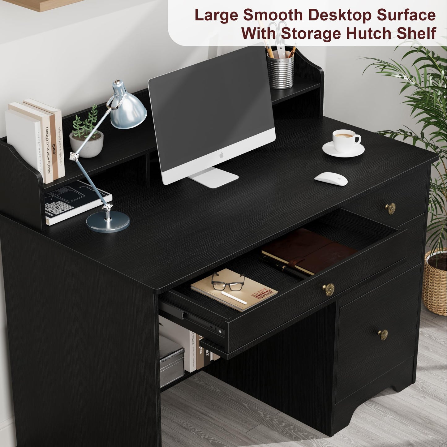 TTVIEW Computer Desk with Drawers and Hutch Shelf, Wood Executive Desk Writing Study Table with 43” Wide Tabletop, Small Desk with File Drawer for Home Office Bedroom, Black - WoodArtSupply