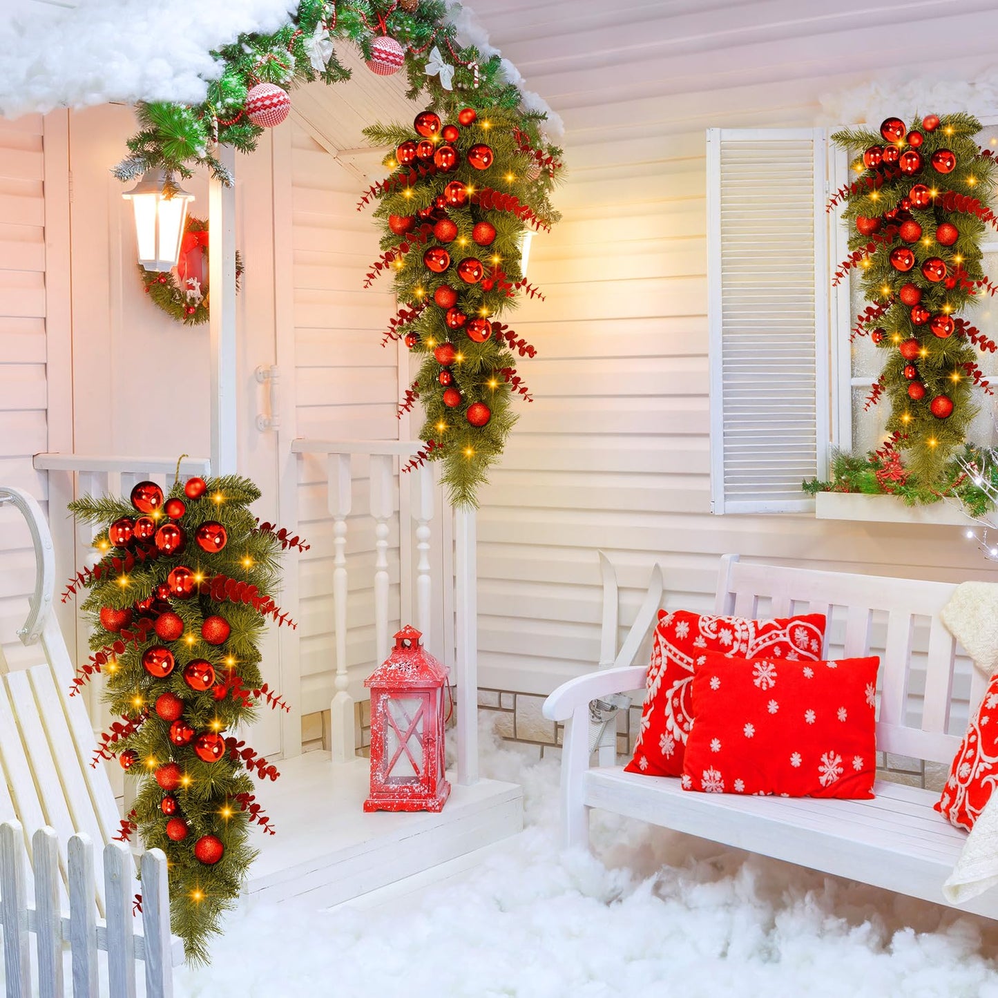 Lineshading 2 Pcs 36'' Pre Lit Artificial Christmas Teardrop Swag Christmas Teardrop LED Prelit Light up Christmas Wreaths Swag Christmas Garland Swag with Red Berries Indoor Outdoor Hanging Decor