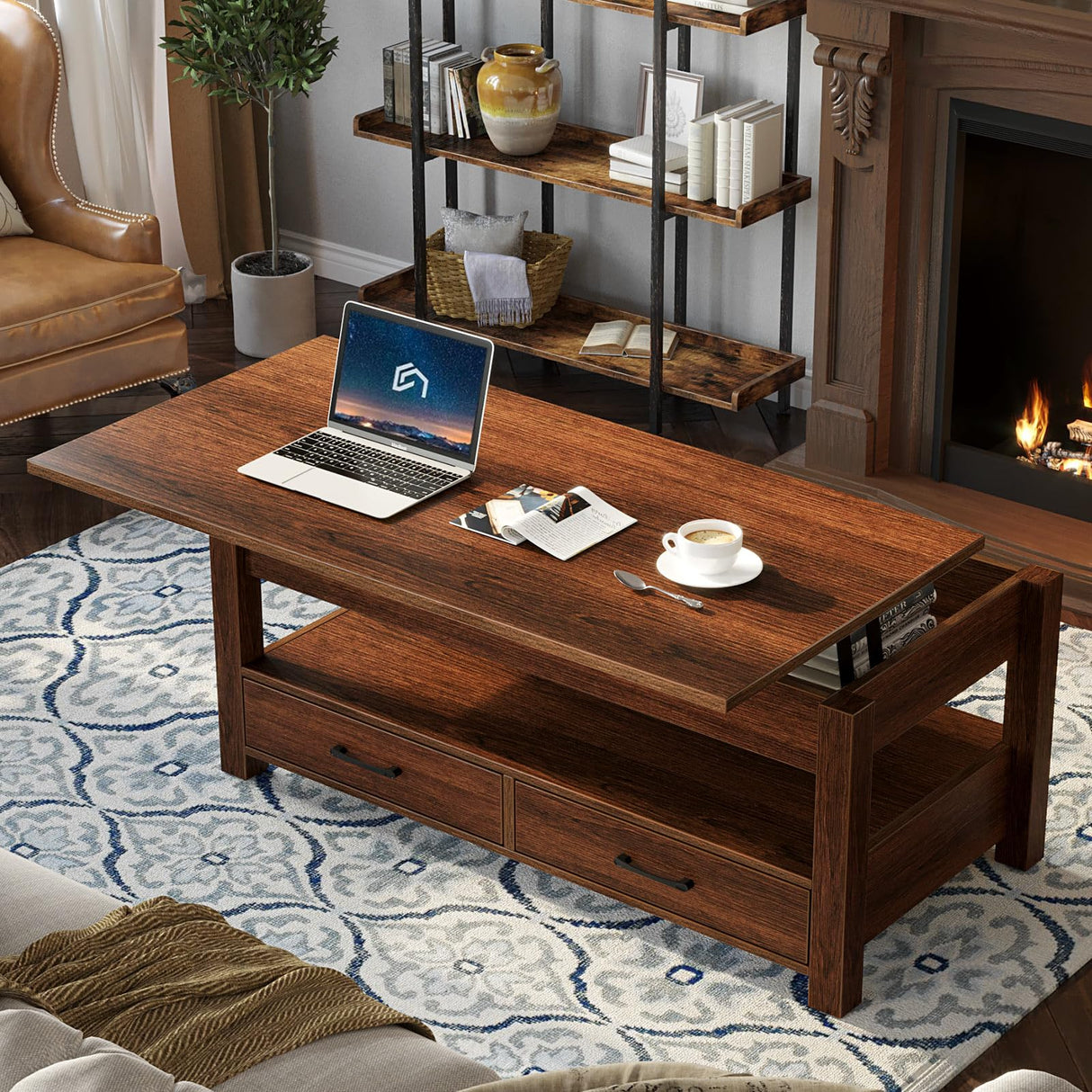 Rolanstar Coffee Table, Lift Top Coffee Table with Drawers and Hidden Compartment, Retro Central Table with Wooden Lift Tabletop, for Living Room,Espresso Rolanstar