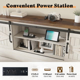 AMERLIFE Farmhouse Full Bed Frame, Rustic Wood Platform Bed Barn Door Storage Bookcase Headboard & Charging Station, Bedroom Furniture, No Box Spring Needed, Antique White AMERLIFE