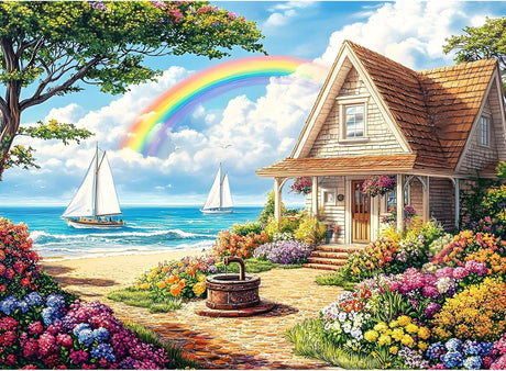 Beach Cottage Diamond Art Kits for Adults,5D Rainbow Diamond Art for Beginner,DIY Full Drill Diamond Painting Kit,Home Wall Decor Diamond Painting (16x12 Inch) YULIDECO