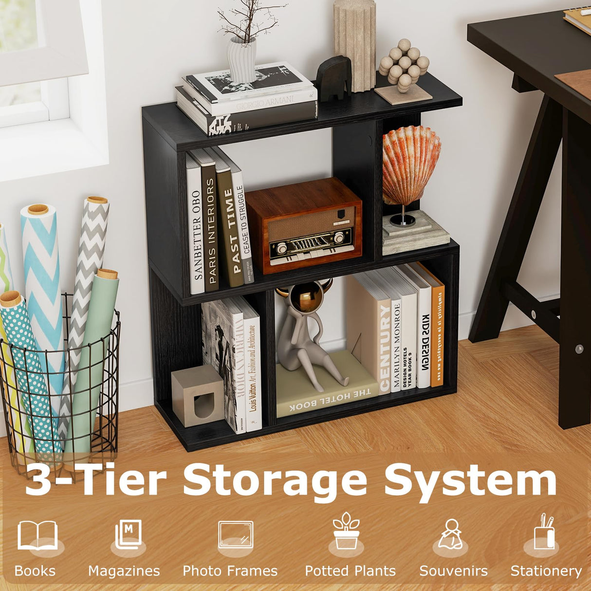 Giantex 3-Tier S-Shaped Bookshelf, Modern Geometric Bookcase, Freestanding Display Shelf for Small Space, Versatile Side Table, Wooden Storage Organizer for Home Office, Living Room (1,Black) Giantex