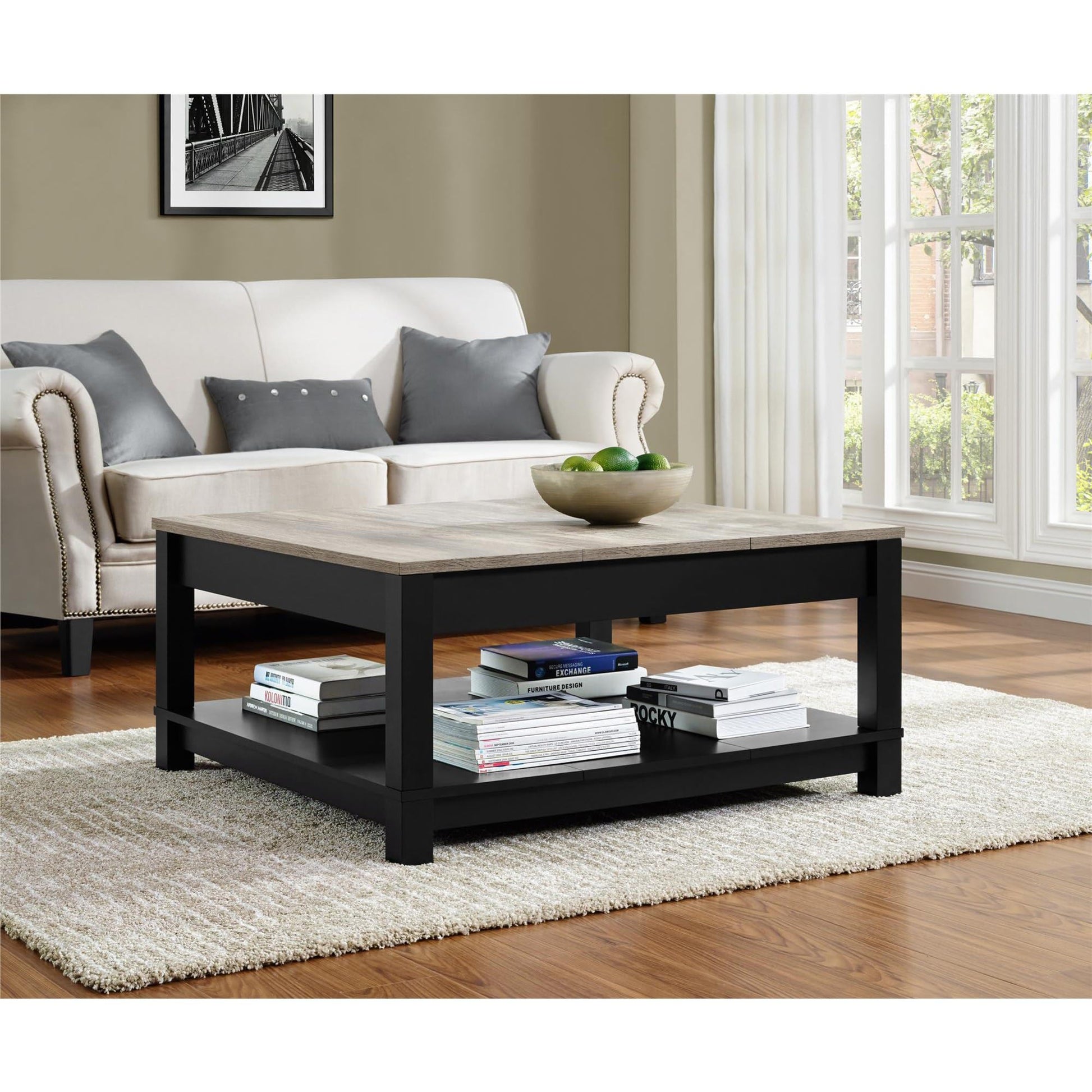 Ameriwood Home Carver Coffee Table with Open Storage, Matte Black Paint and Distressed Wood Grain Accents - WoodArtSupply