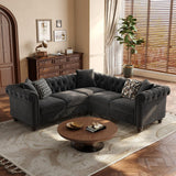 ONBRILL Chesterfield L Shaped Sofa, Velvet Sectional Couches for Living Room, Tufted Corner Couch with Rolled Arms, 3 Throw Pillows, Comfy L Shaped Sectional Sofa for Apartment, Black ONBRILL