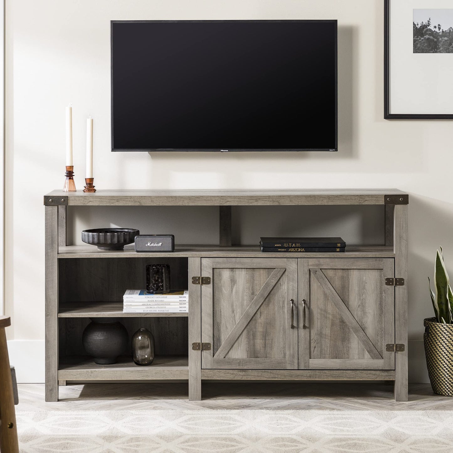 Walker Edison Georgetown Modern Farmhouse Double Barn Door Highboy Storage TV Stand for TVs up to 65 Inches, 58 Inch, Grey Wash - WoodArtSupply