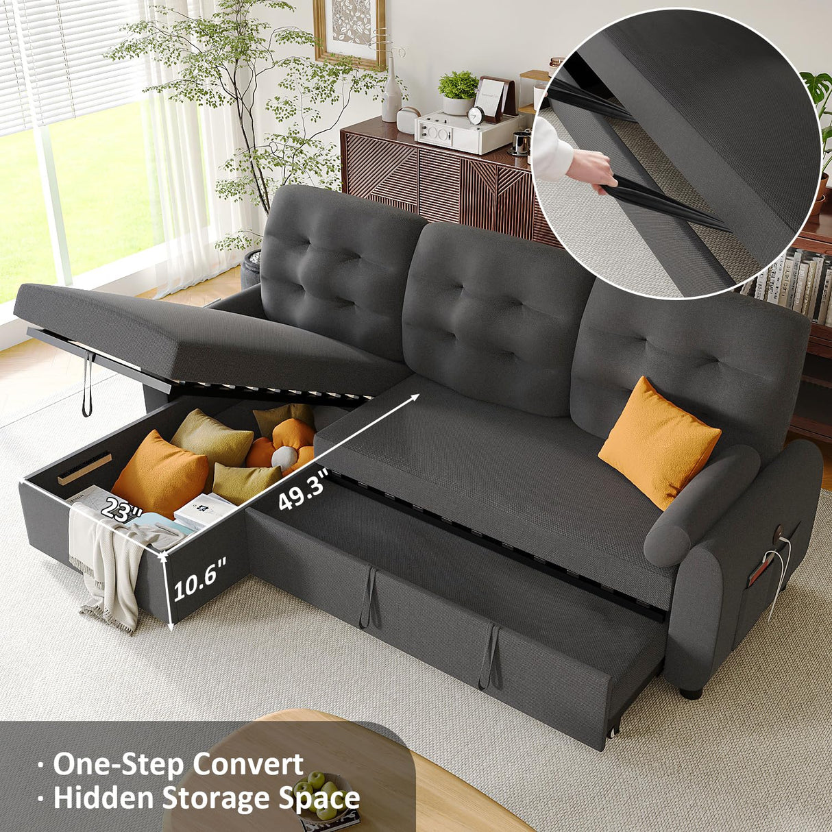 Ucloveria Sleeper Sofa Bed, 86" Convertible Sectional Sofa Couches for Living Room, Pull Out Couch Bed with Reversible Storage Chaise | USB Ports | Side Pockets | Removable Backrest Ucloveria