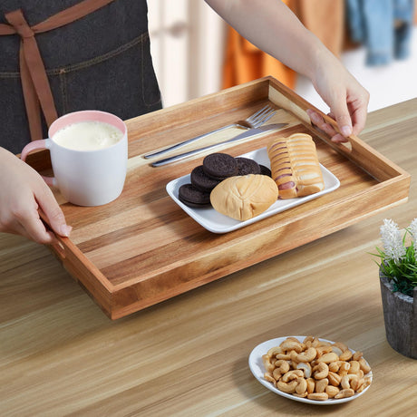 17 Inch Acacia Wood Serving Tray with Handles - Large Wooden Tray for Ottoman, Breakfast in Bed, Dinner, Coffee Table - Decorative Rectangular Tray for Living Room Bedroom Entryway and Kitchen Dreamkey