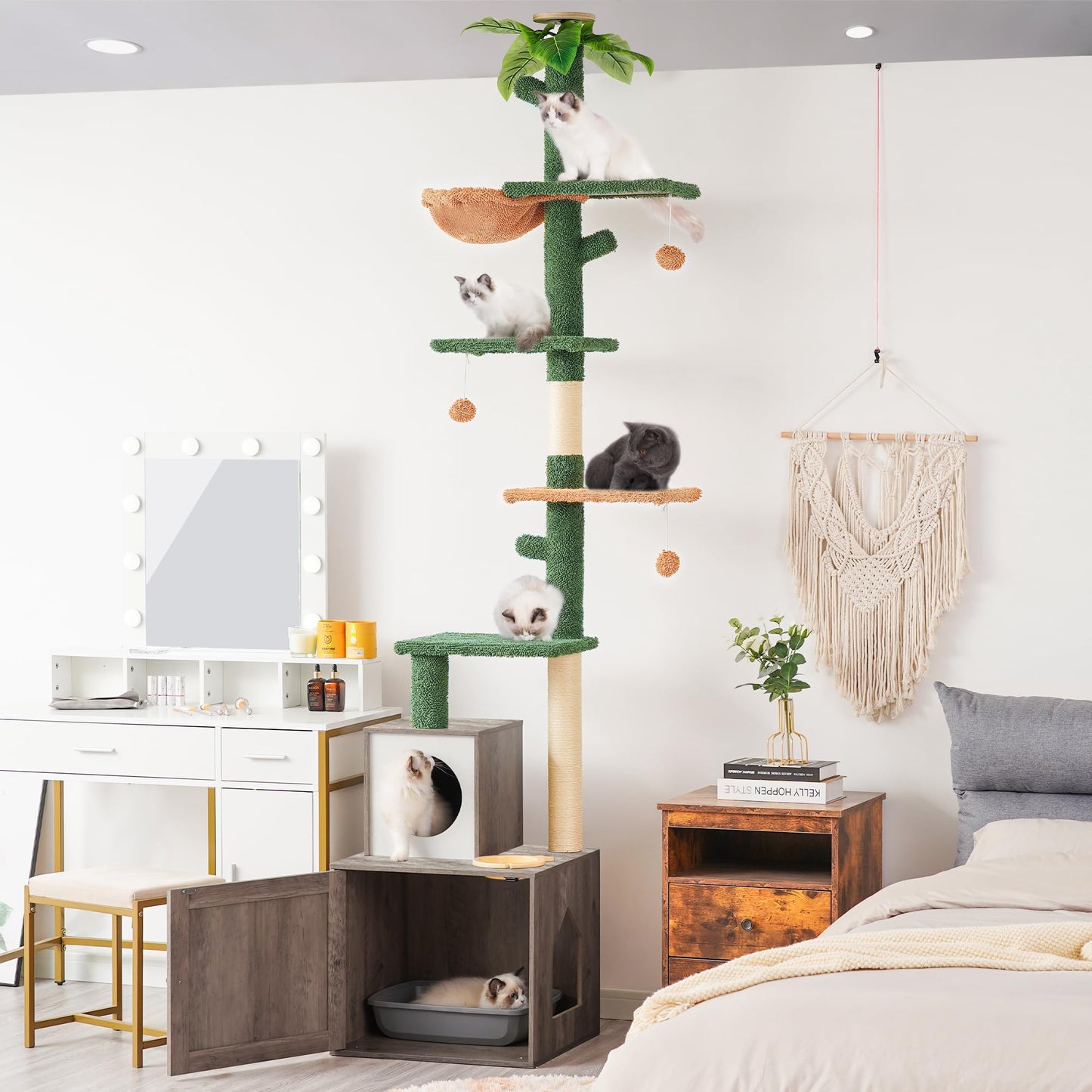 Heybly Cat Tree Floor to Ceiling，Cactus Cat Tower with Adjustable Height(97-108 Inches) and Wood Litter Box Enclosure,Cat Condo Furniture with Cozy Basket and Scratching Board Rustic Gray HCT - WoodArtSupply