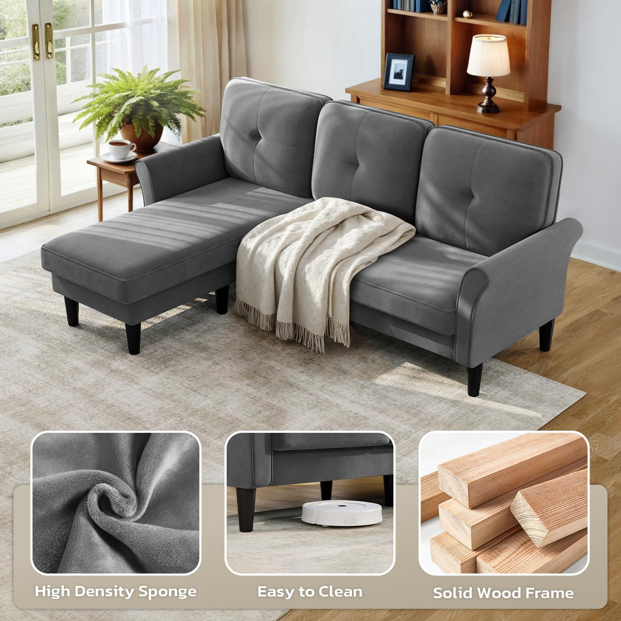 Welzona Sectional Couches for Living Room, 83" Velvet Modern 3 Seater Sofa, L Shaped Couch with Ottoman, Small Sectional Couch Sofas for Living Room, Bedroom, Apartment, Office, Grey Sofa Welzona