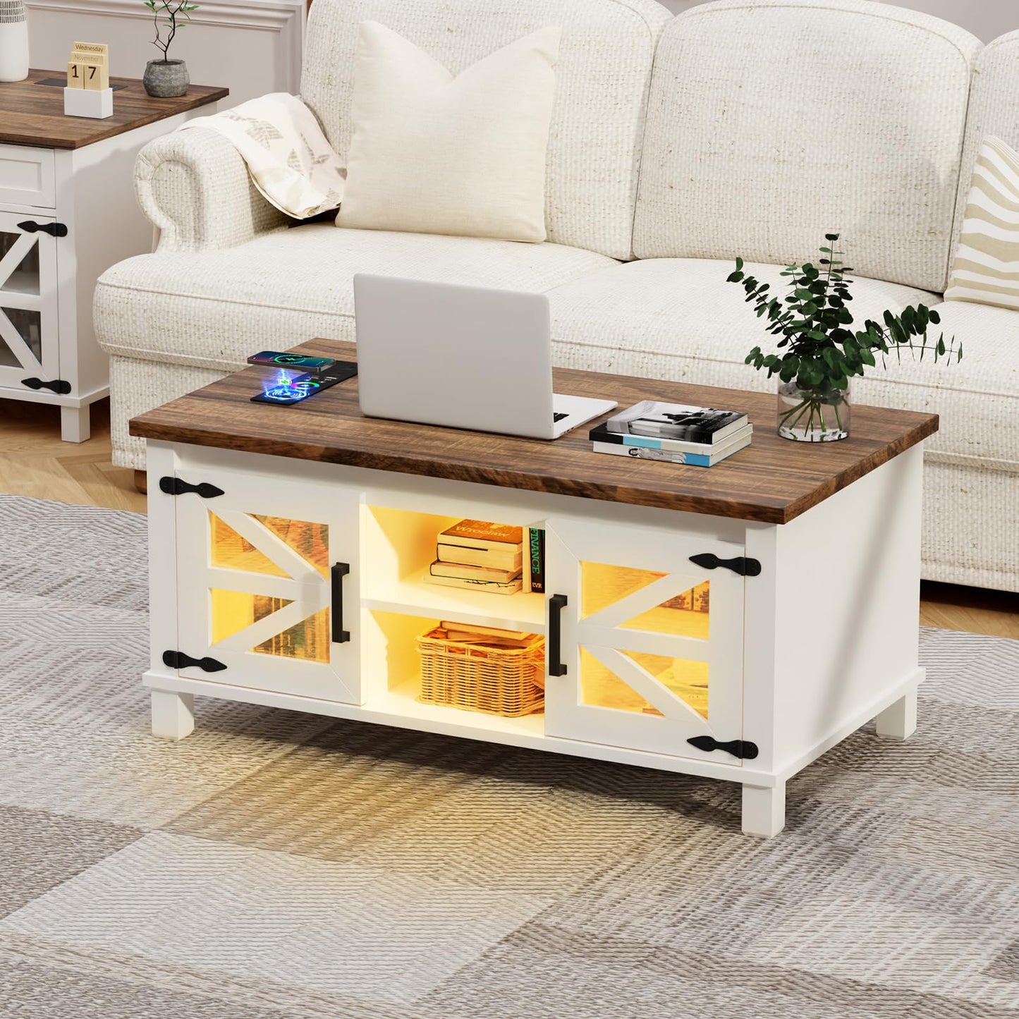 MIIFUNY Lift Top Coffee Table with RGB Lights, Farmhouse Coffee Table with Charging Station, Dining Table with Large Hidden Storage Shelf for Living Room, 22" D x 40.1" W x 19" H