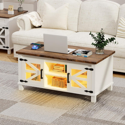 MIIFUNY Lift Top Coffee Table with RGB Lights, Farmhouse Coffee Table with Charging Station, Dining Table with Large Hidden Storage Shelf for Living Room, 22" D x 40.1" W x 19" H