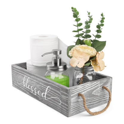 HOMKO Toilet Paper Bathroom Decor Box with Two Mason Jars and Artificial Flower Wooden Bathroom Box for Toilet Paper Storage with Handle, Bathroom Rustic Accessory and Organizer (Rustic Grey, Large)