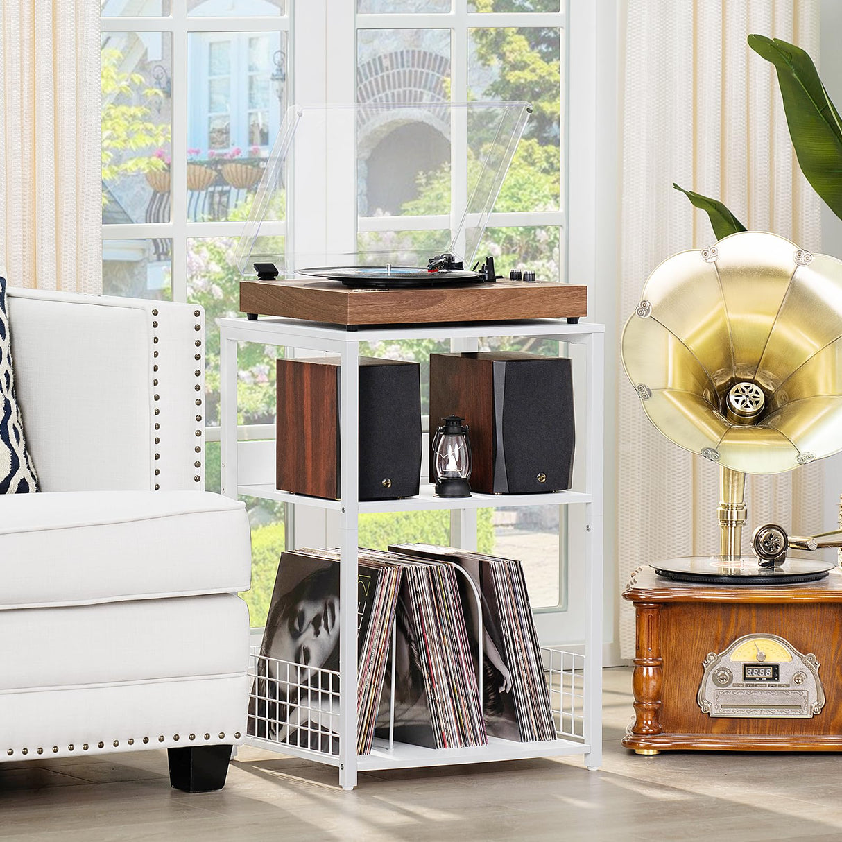LELELINKY Large White Record Player Stand, 3 Tier Big End Table with Vinyl Storage, Turntable Stand, Industrial Printer Tables, Modern Nightstand for Living Room, Bedroom, Office LELELINKY