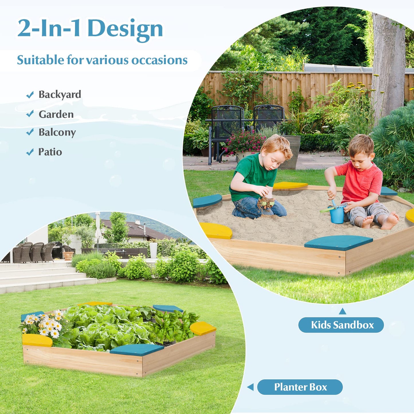 Costzon Kids Sandbox, Hexagon Large Cedar Wood Sand Pit w/ 6 Built-in Corner Seating, Wooden Sand Box for Backyard Lawn Garden Beach, Outdoor Play Furniture for Children Ages 3+ (Natural)