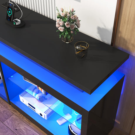71" LED TV Stand with Power Outlet,60-Colors LED Lights for 65 70 80 in TV,High Gloss Gaming Entertainment Center w/Adjustable Shelves,Black TV Console with Modern Design for Living Room Bedroom Hlivelood