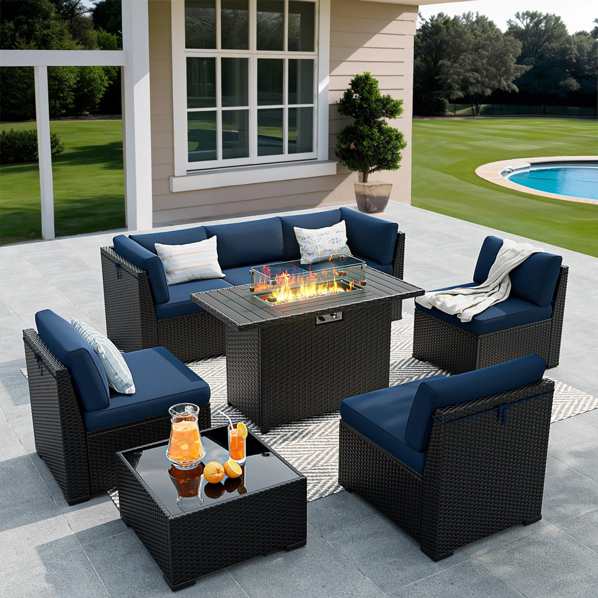 VONZOY 8 Pieces Outdoor Patio Furniture Set with 44" Fire Pit Table Black Rattan Sectional Conversation Sets w/Gas Fire Pit, Coffee Table, 2 Waterproof Covers, Navy Blue VONZOY
