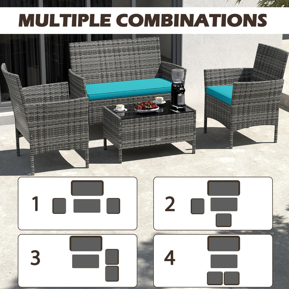 Tangkula 8 Pieces Patio Rattan Conversation Set, Outdoor Wicker Furniture Set with Cushioned Chair, Loveseat & Tempered Glass Table, Outside Sectional Sofa Set for Backyard (G-Turquoise,2) Tangkula