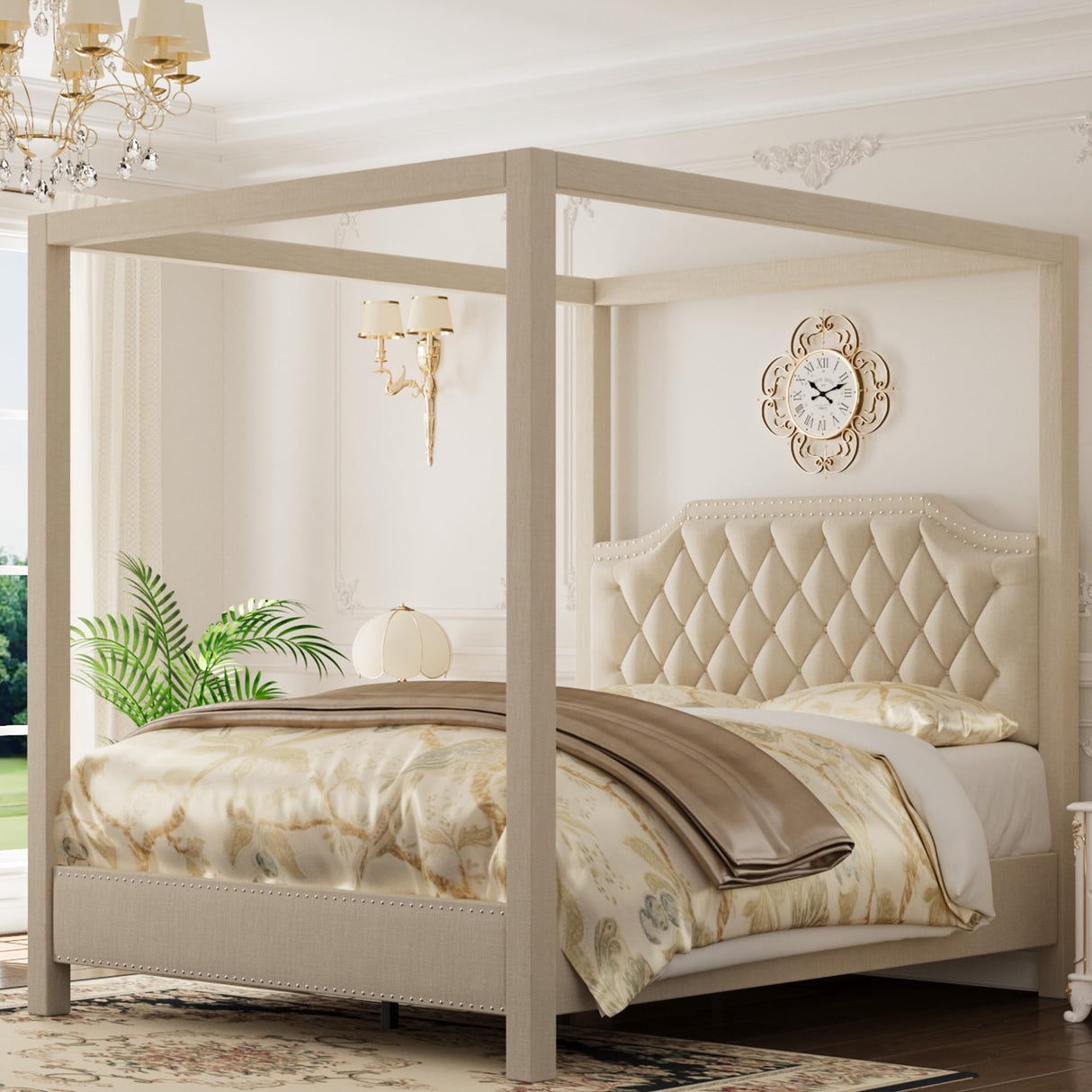 IDEALHOUSE Full Size Canopy Bed Frame with Nailhead Decoration Headboard，Upholstered Bed Frame with Poles 4 Corner Bed Bracket,Solid Wood Slats Support,No Box Spring Needed,Noise Free,Beige IDEALHOUSE