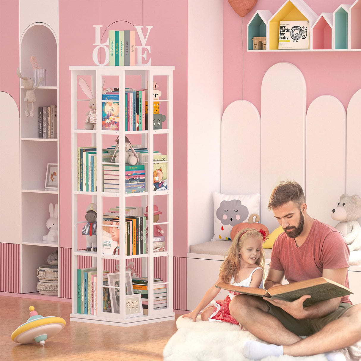 Aheaplus 360° Rotating Corner Bookshelf - Space-Saving Wood Bookcase for Small Spaces, White Aheaplus