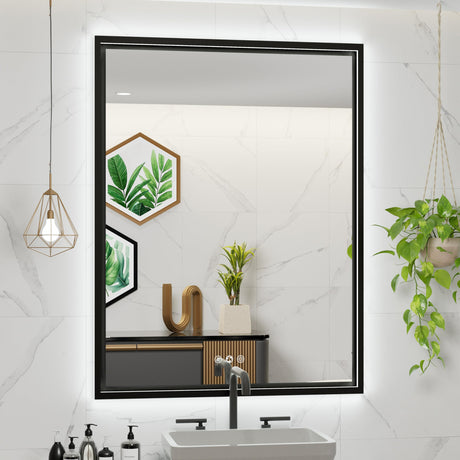 JSneijder 28x36 Inch Black LED Bathroom Mirror with Lights, Adjustable 3 Color, Framed Frontlit & Backlit Mirror, Dimmable Anti Fog Wall Mounted Lighted Bathroom Mirror(Horizontal/Vertical) JSneijder
