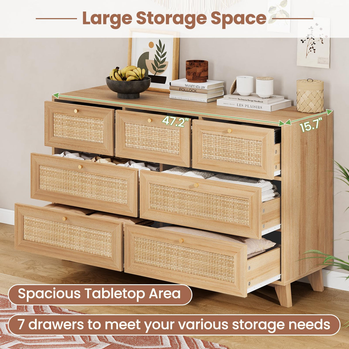 VIAGDO Rattan Dresser for Bedroom, 7 Drawer Dresser with Natural Rattan Drawers, Wooden Wide Cabinet with Gold Handles, Modern Closet Storage Chest of Drawers for Nursery Entryway Living Room VIAGDO