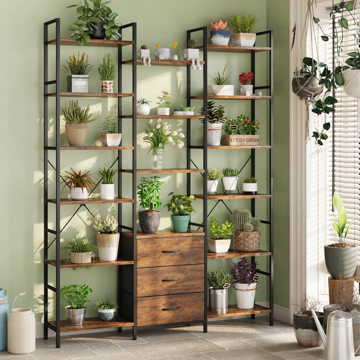 AFLUI Triple Bookshelf with 3 Fabric Drawers, 6-Tier Book Shelf and 10 Display Shelves, Industrial Large Bookcase for Home & Office, Rustic Brown, 47'' Wide AFLUI