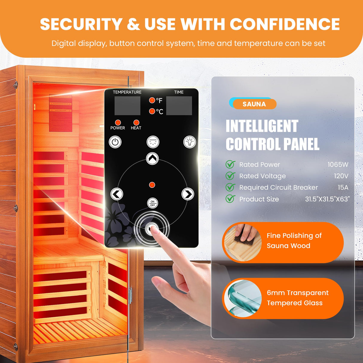 ToTibuy Far Infrared Sauna for Home 1 Person Indoor Wood Sauna Personal Spa Room 1065W 120V with Red Light Bluetooth Speakers 31.5"x31.5"x63" ToTibuy