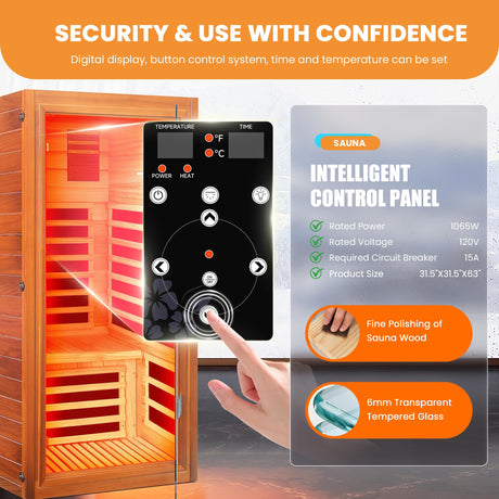 ToTibuy Far Infrared Sauna for Home 1 Person Indoor Wood Sauna Personal Spa Room 1065W 120V with Red Light Bluetooth Speakers 31.5"x31.5"x63" ToTibuy