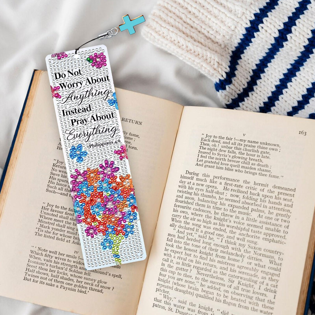 HTTDMY 8PCS Bible Verse Diamond Painting Art Bookmarks,Cute Acrylic Bookmarks Crafts Kits with Cross Pendants for Adult Women Book Lovers (Flower) HTTDMY
