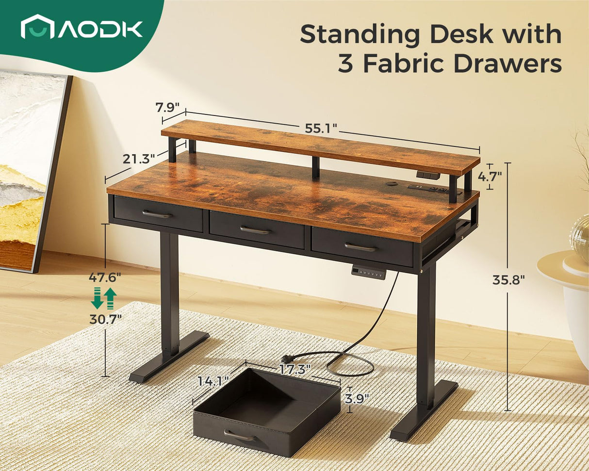 AODK 55 Inch Electric Standing Desk with 3 Drawers, Brown, Height Adjustable Desk with Power Outlets & LED Lights, Stand Up Desk with Monitor Shelf, Sit Stand Desk Computer Workstation AODK