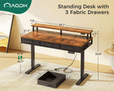 AODK 55 Inch Electric Standing Desk with 3 Drawers, Brown, Height Adjustable Desk with Power Outlets & LED Lights, Stand Up Desk with Monitor Shelf, Sit Stand Desk Computer Workstation AODK