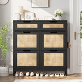 Jocoevol Rattan Shoe Cabinet for Entryway with 4 Flip Drawers & 2 Top Drawers, Freestanding Narrow Shoe Storage Cabinet with Metal Legs for Foyer, Hallway (Black) Jocoevol