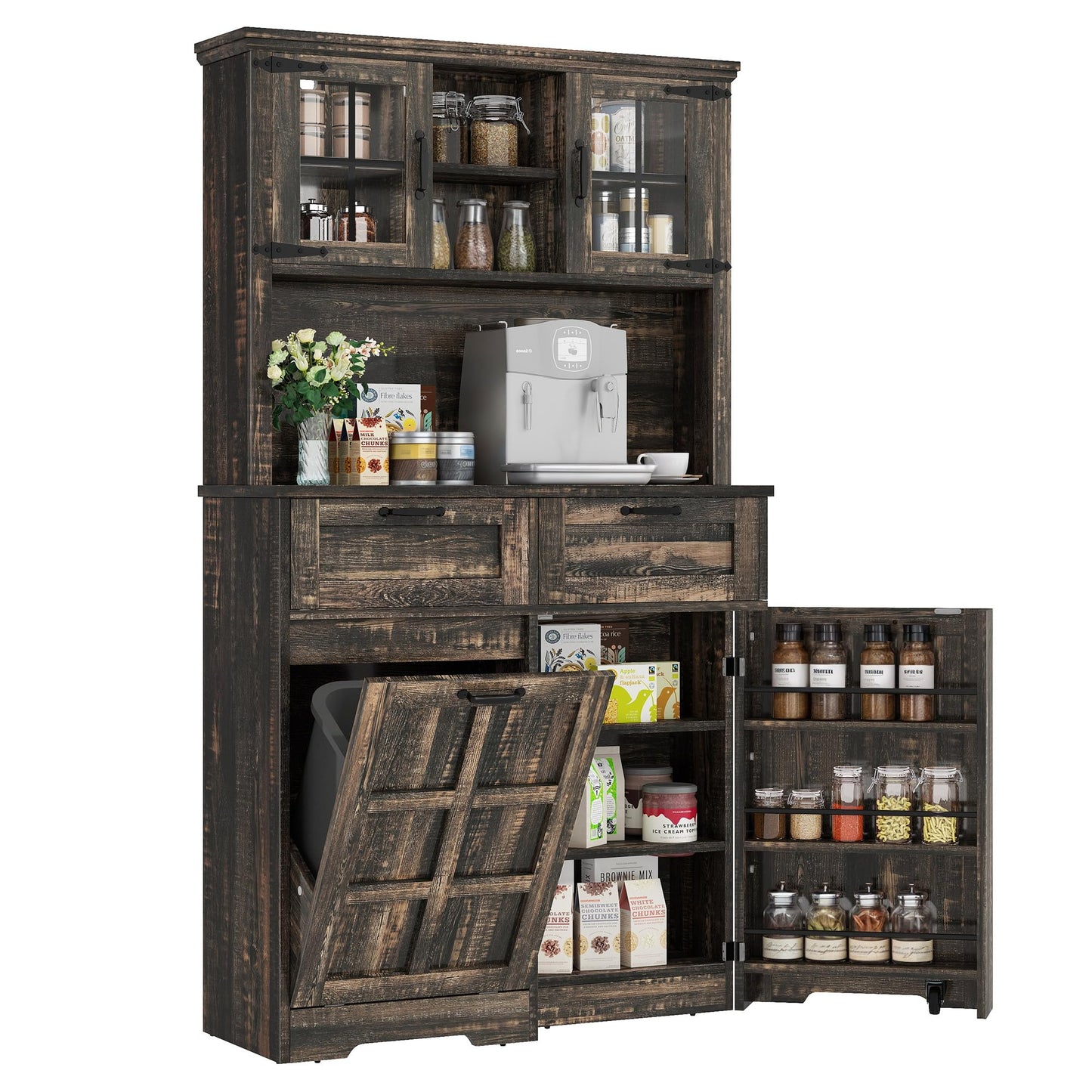 YITAHOME Kitchen Pantry Farmhouse, Tilit Out Trash Out Can Cabinet,Coffee Storage Bar Cabinet, 70" Tall Cabinet Cupboard with 2 Drawers, 2 Doors and Glass Display Case Shelf, Wheels, Rustic Dark Oak