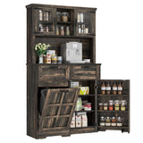 YITAHOME Kitchen Pantry Farmhouse, Tilit Out Trash Out Can Cabinet,Coffee Storage Bar Cabinet, 70" Tall Cabinet Cupboard with 2 Drawers, 2 Doors and Glass Display Case Shelf, Wheels, Rustic Dark Oak YITAHOME