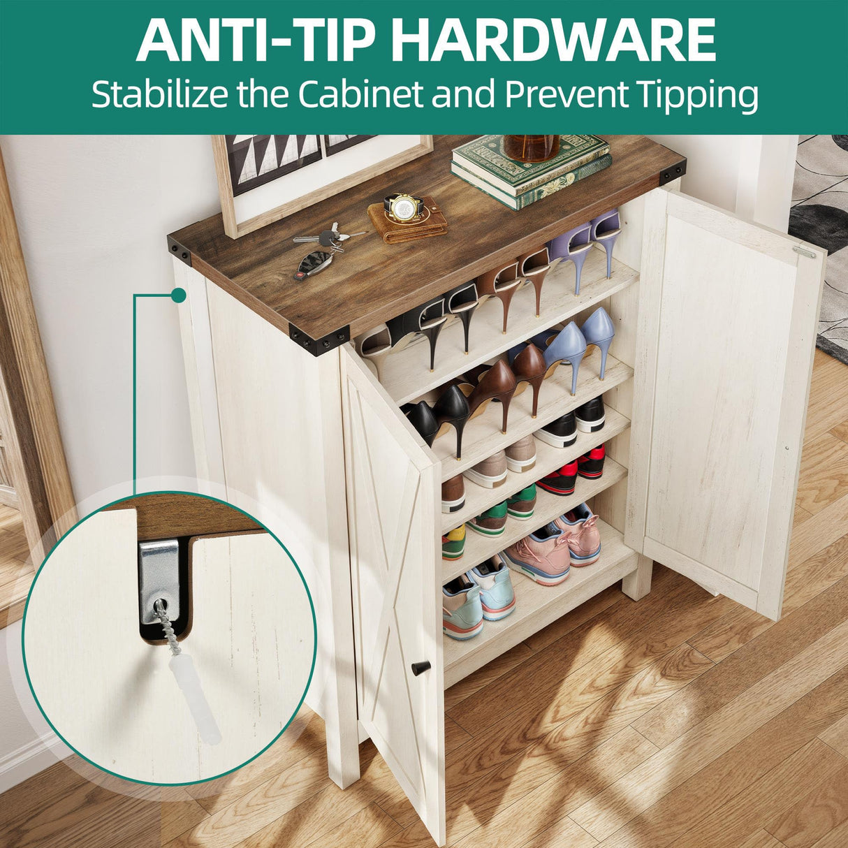 YITAHOME Shoe Cabinet with Doors, Farmhouse 5-Tier Shoe Storage Cabinet for Entryway, Large Capacity Wooden Shoes Rack Organizer for Entryway/Hallway/Closet, Beige YITAHOME