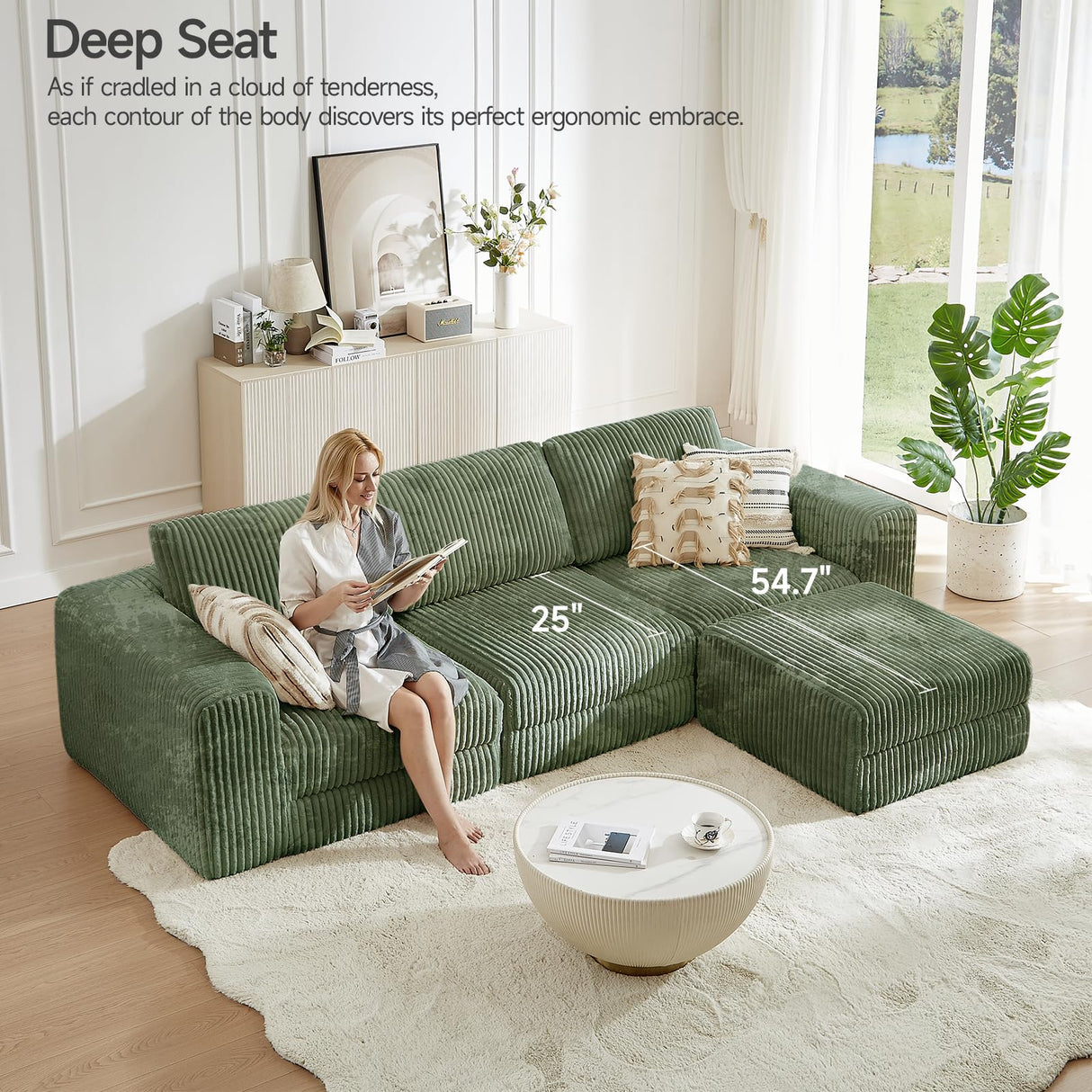 ONBRILL 110" Modular Sectional Sofa, L Shaped Couch 4 Seater with Sleeper Chaise, Sectional Couch with Deep Seat,Upholstered Corduroy Cloud Couches for Living Room,Bedroom,No Assembly Required,Green ONBRILL