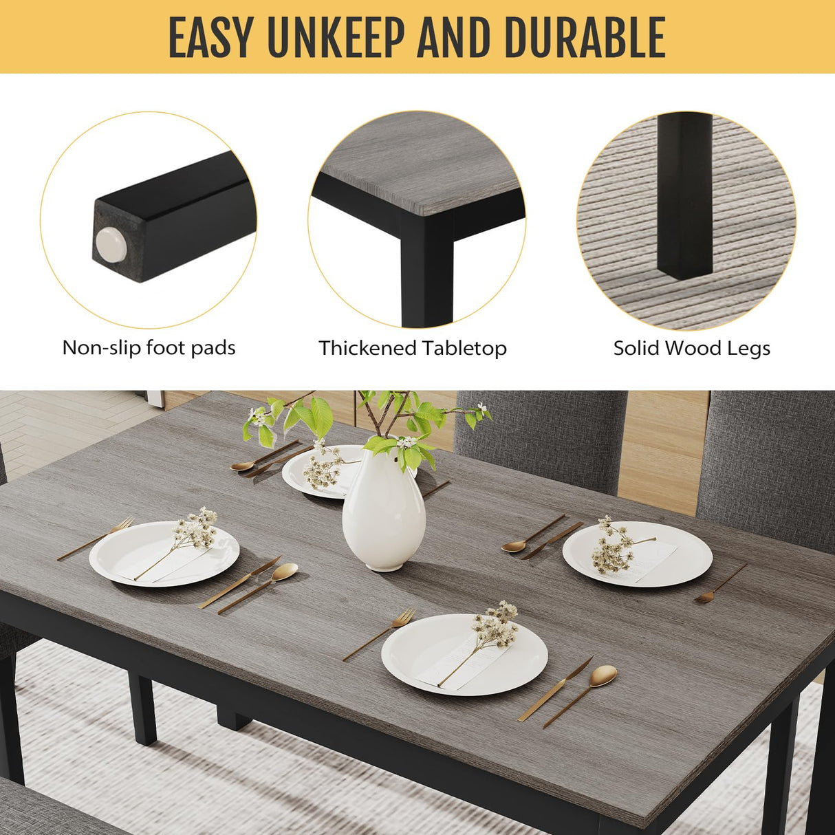 Zevemomo 6-Piece Solid Wood Dining Table Set, Including 1 Dining Table, 4 Upholstered Chairs and 1 Bench, Wooden Legs Dining Table Set for Dining Room, Kitchen, Restaurant, Dark Grey Zevemomo