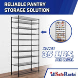 SafeRacks 10-Tier Pantry Shelf, Metal Wire Shelving Unit with Adjustable Shelves & Feet, Anti-Tip Kit, NSF Certified Steel Storage Rack for Kitchen or Garage Black 14" D×36" W×68" H SafeRacks