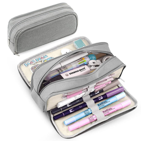 Large Capacity Pencil Case Pencil Pouch Pen Bag with 3 Compartment Stationery Organizer with Zipper, School Supplies Organizer for Teen Adults (Grey) Daisiki