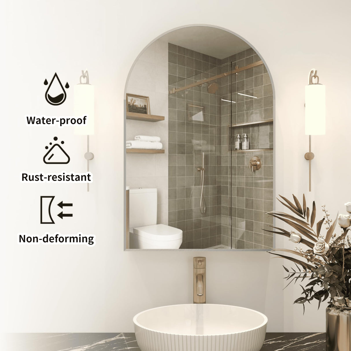 FUNFOLLOW Silver Medicine Cabinet with Mirror,Bathroom Arched Medicine Cabinet Wall Mounted, Modern Vanity Mirror with Storage,Bathroom Storage Cabinet with Adjustable Shelves,Not Recessed,24x36 Inch FUNFOLLOW