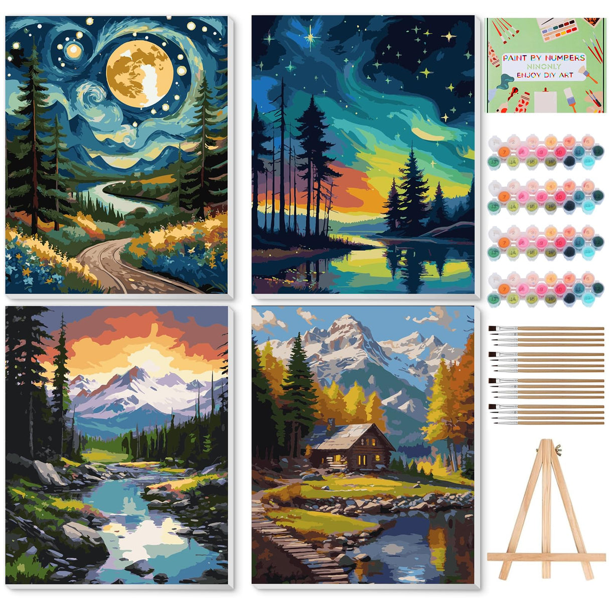Ninonly 4 Pack Paint by Numbers Kit for Adults, Forest Paint by Number Kit Arts Kits for Beginners with Wooden Easel, Acrylic Painting, Framed Canvas for Gift Home Decor, 9 * 12 Inch Ninonly