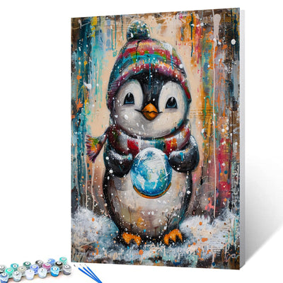 Cute Penguin Holding a Snow Globe Paint by Numbers for Adults Kids and Beginners DIY Easy Canvas Animal Oil Painting Acrylic Pigment Kits Modern Graffiti Style Home Wall Decor Gift 16x20In (Frameless)