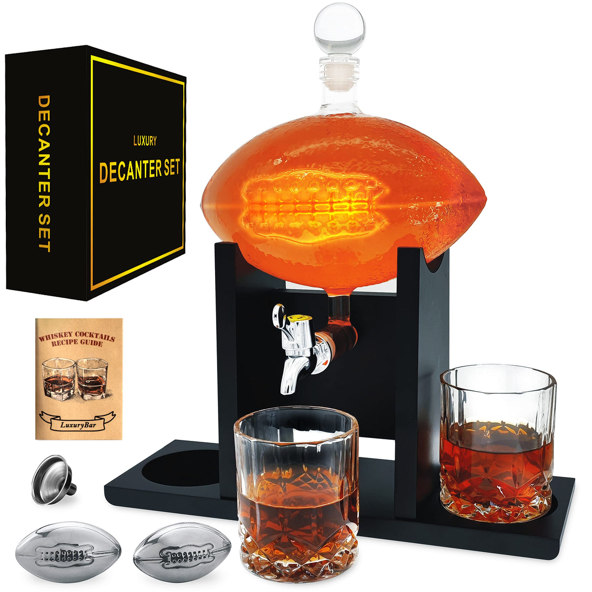 Football Whiskey Decanter Set with Glasses Spout Football Chiller,47oz Whiskey Decanter Sets for Men,Tequila Liquor Decanter Whiskey Set Bourbon Gifts for Men Gifts for Dad Boyfriend Him Husband LuxuryBar