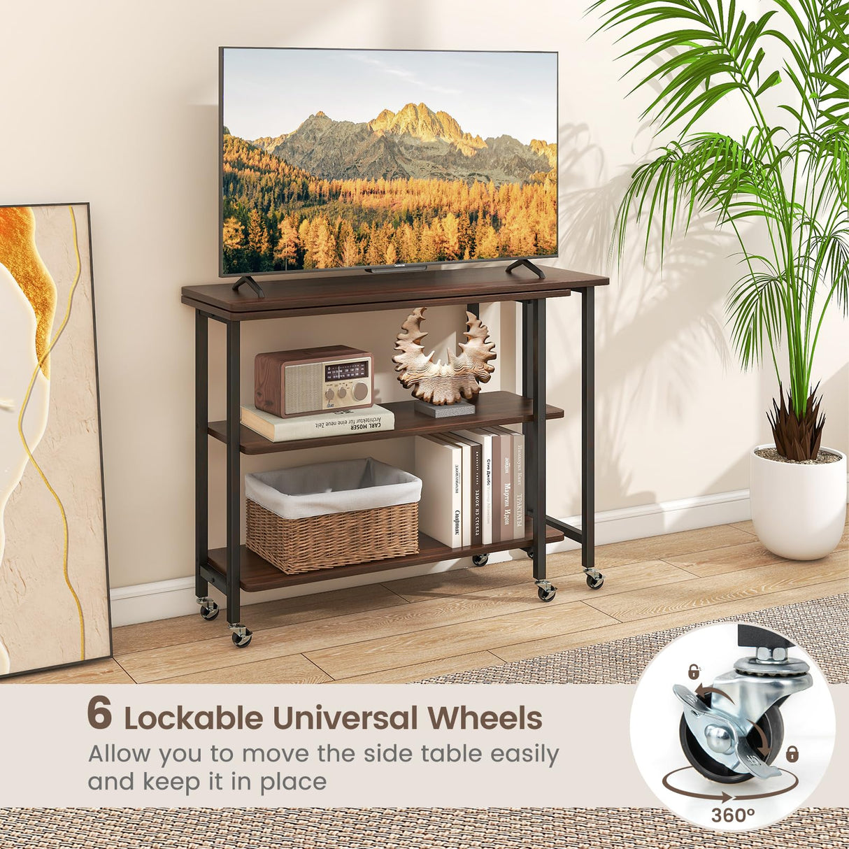 Giantex 360° Free Rotating Sofa Side Table, Mobile L-Shaped Laptop Desk with Sturdy Metal Frame, 6 Universal Casters, Movable Couch Snack Table with 2-Tier Storage Shelf for Home (Walnut) Giantex