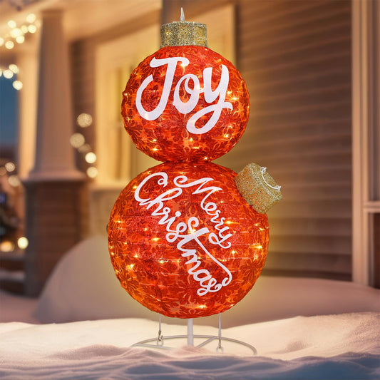 Cinnvoice 35" Giant Outdoor Christmas Ball Ornaments, Lighted Pop-up Stacked Christmas Ornaments, Built-in 90 LED Warm Lights, 3 Stakes, Oversized Glittered Decorations for Xmas Outdoor Yard Garden