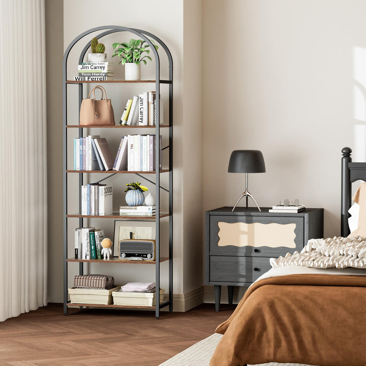 Homhedy 6-Tier Bookshelf Arched Display Racks, Wood and Metal Bookcase, Tall Bookshelf, Industrial Display Standing Shelf Unit, for Home Office, Living Room, Bedroom, Bathroom, Rustic Brown Homhedy