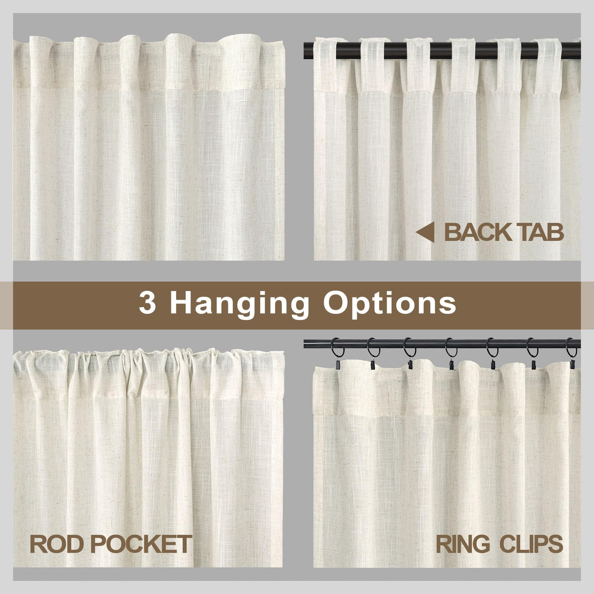 Natural Linen Curtains 108 Inches Long for Living Room 2 Panels Set Loop Pocket Back Tab Draperies Neutral Earth Tone Soft Cotton Textured Semi Sheer Linen Curtains for Large Window Vertical 9 FT Tall Pitalk