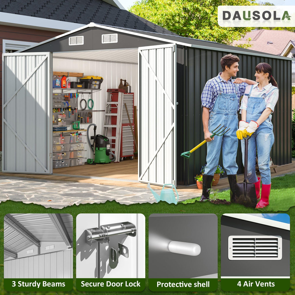 DAUSOLA 10x12 FT Outdoor Storage Shed, Metal Garden Tool Shed with Updated Frame Structure and Lockable Doors, Ideal for Backyard Garden Patio Lawn, Grey DAUSOLA