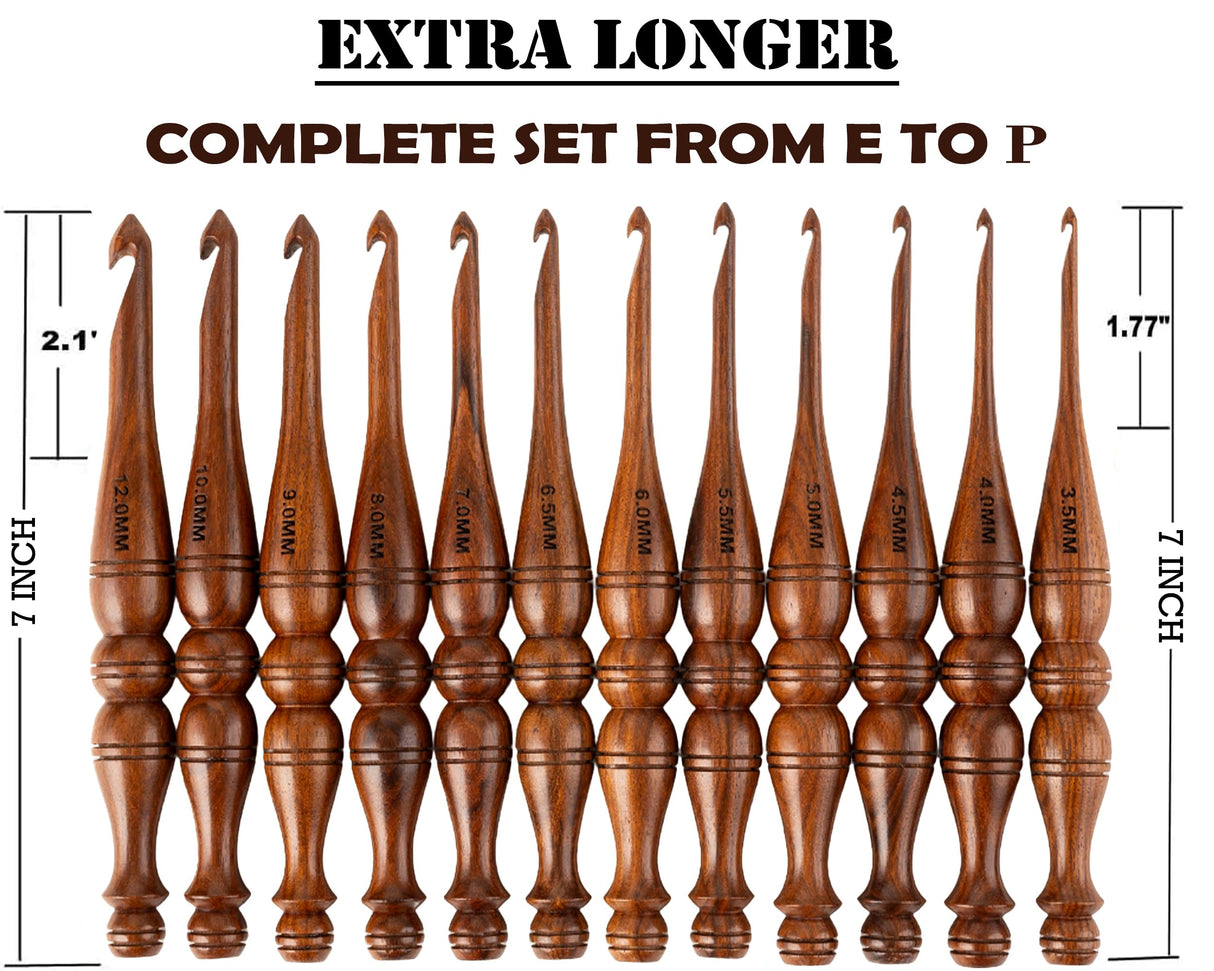 Bhartiya Handicrafts Wooden Crochet Hooks Set, 12pcs Ergonomic Knitting Needles - Rosewood, 3.5mm(E) to 12mm(P) - Includes Holder Bhartiya Handicrafts