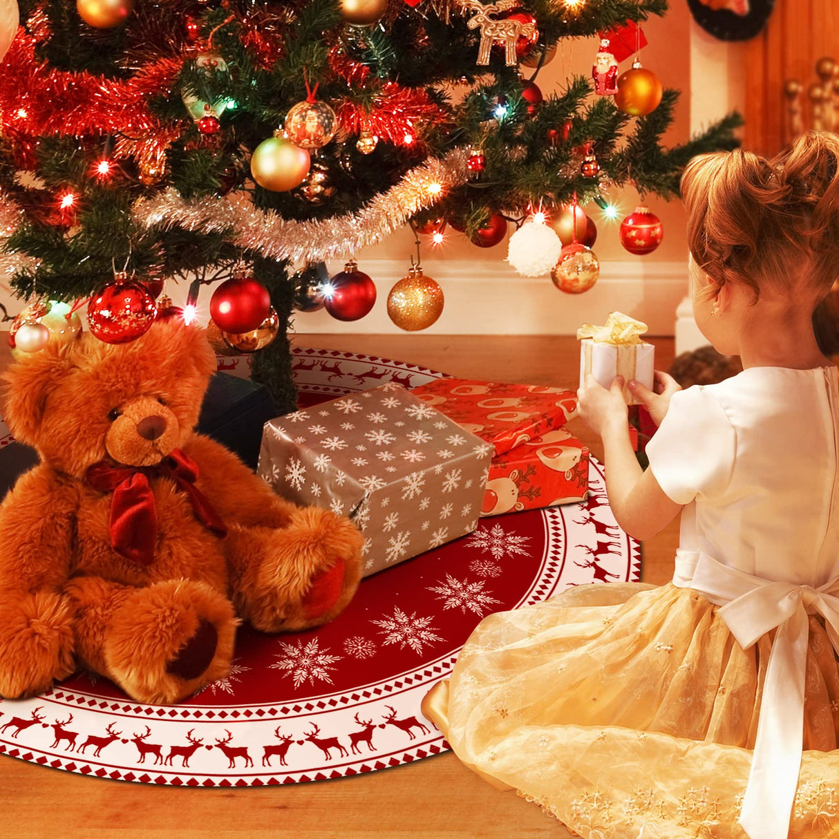 Christmas Tree Skirt 48 inch Tree Skirt Large Snowflake Reindeer Red Xmas Tree Skirt Rustic Christmas Decorations for Winter New Year Holiday Party Decor Indoor Outdoor Lukisesy